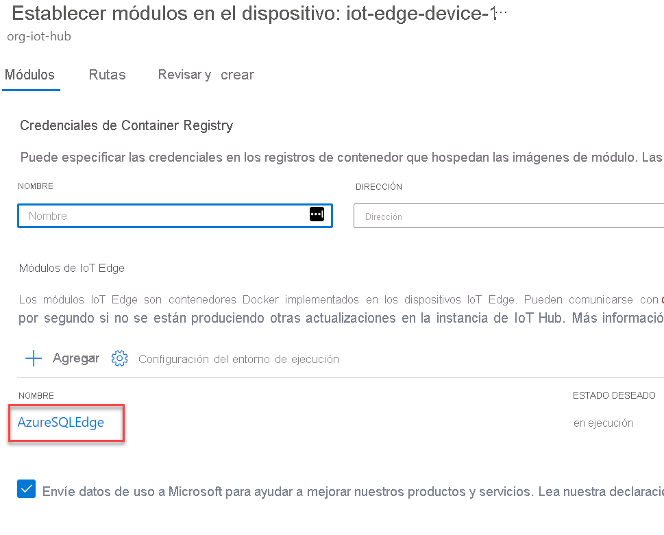 The IoT Edge Modules list displays with the AzureSQLEdge module highlighted.