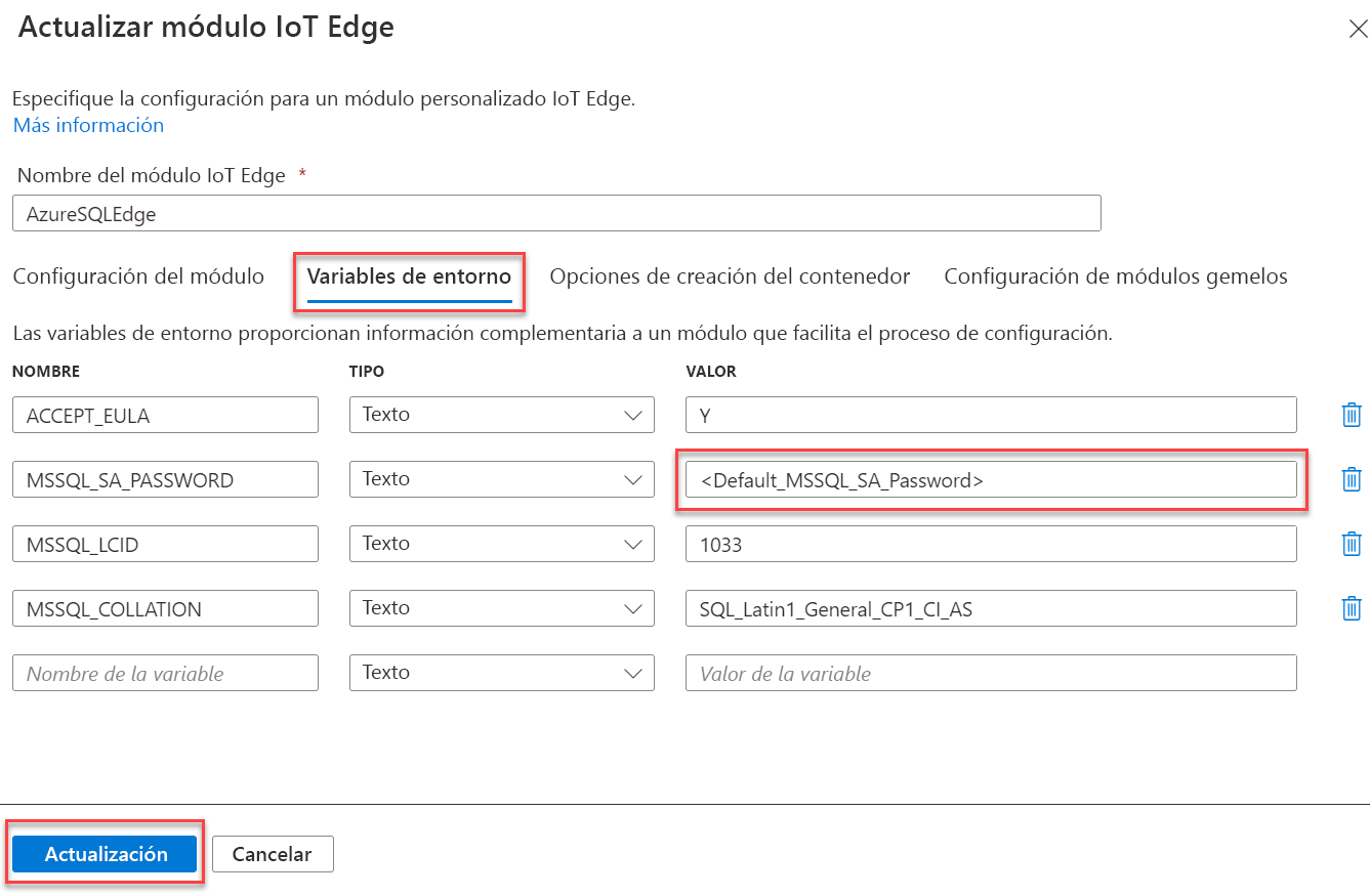 The IoT Edge Module Environment Variables tab is selected along with the value for MSSQL_SA_PASSWORD. The Update button is highlighted.