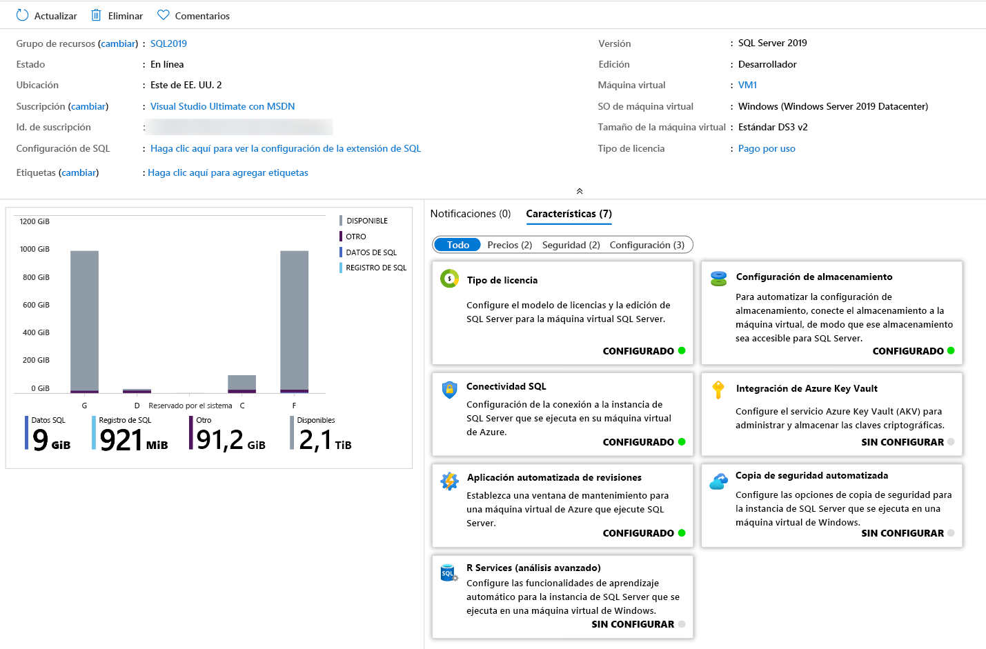 Captura de pantalla del proveedor de recursos de máquina virtual de SQL.