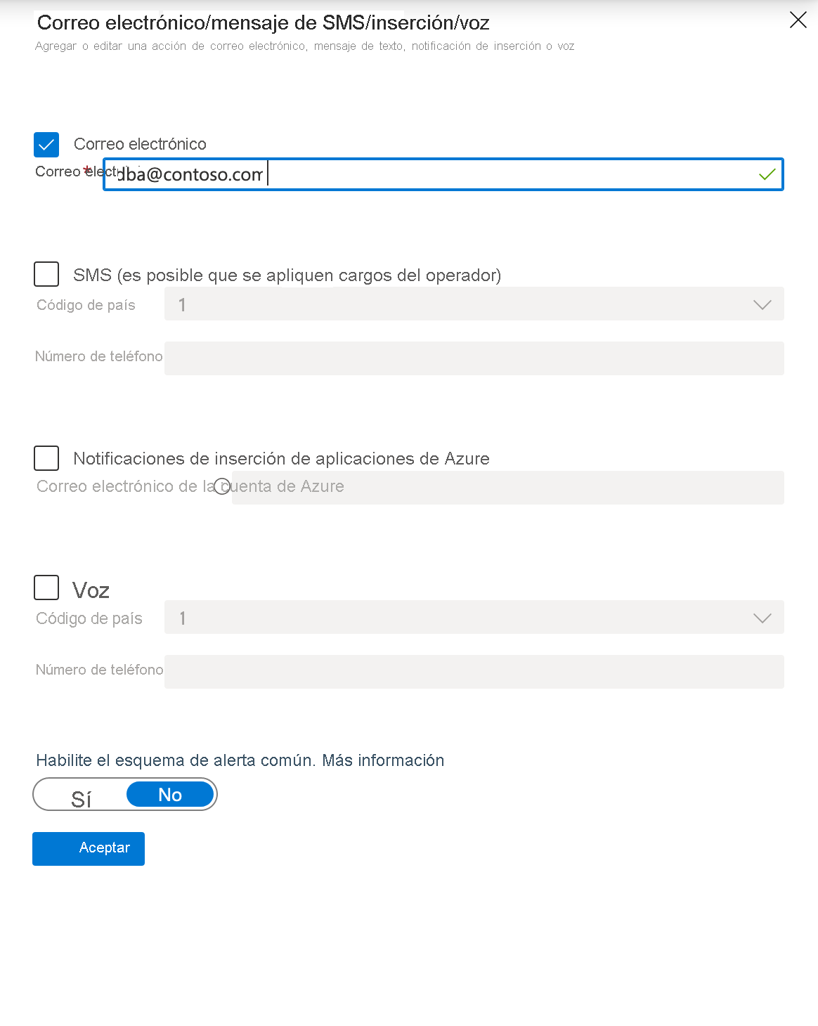 Captura de pantalla de la página de correo electrónico/mensaje SMS/inserción/voz que se usa para las preferencias de notificación al crear una alerta