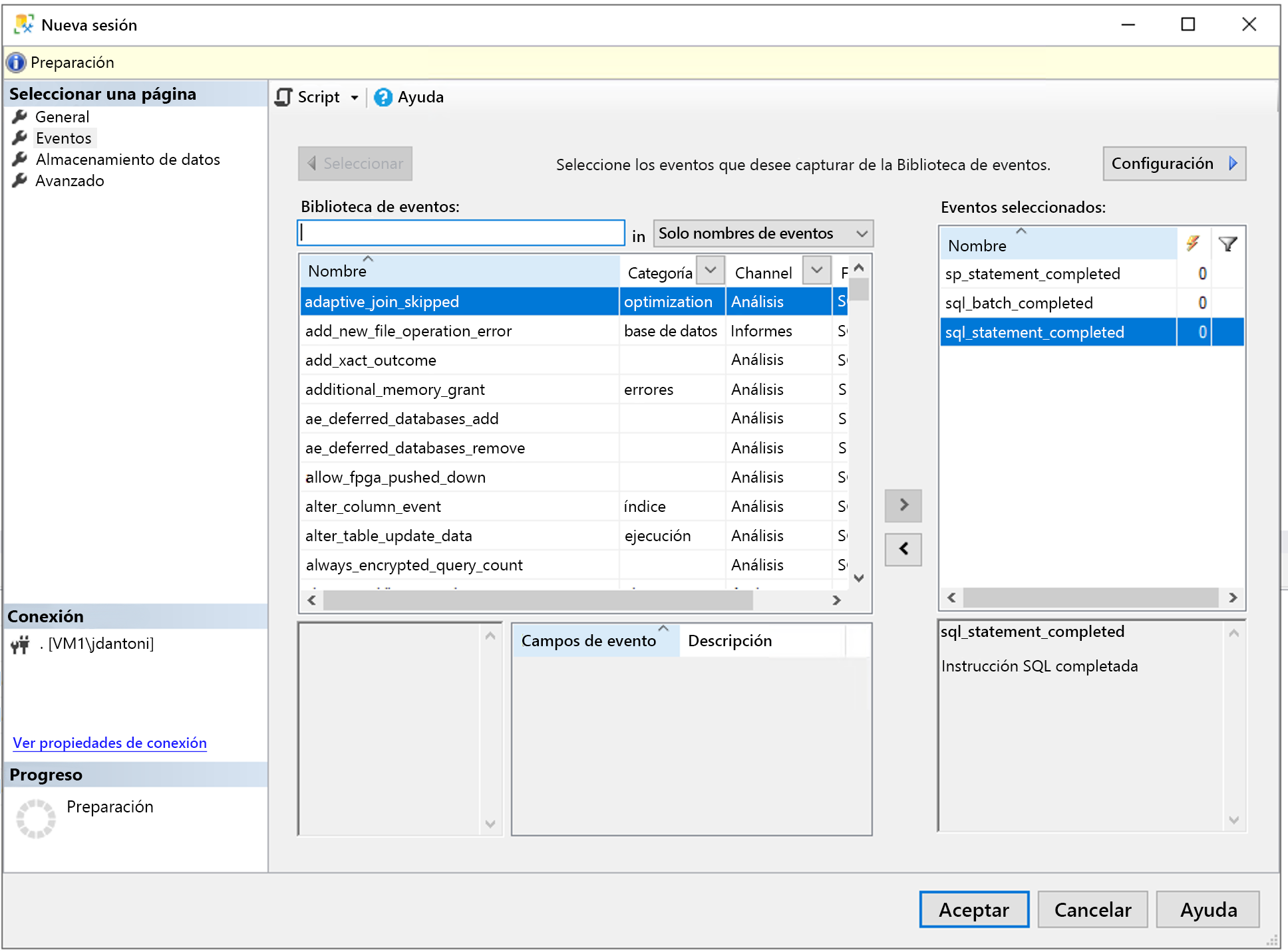 Selección de eventos en SQL Server Management Studio