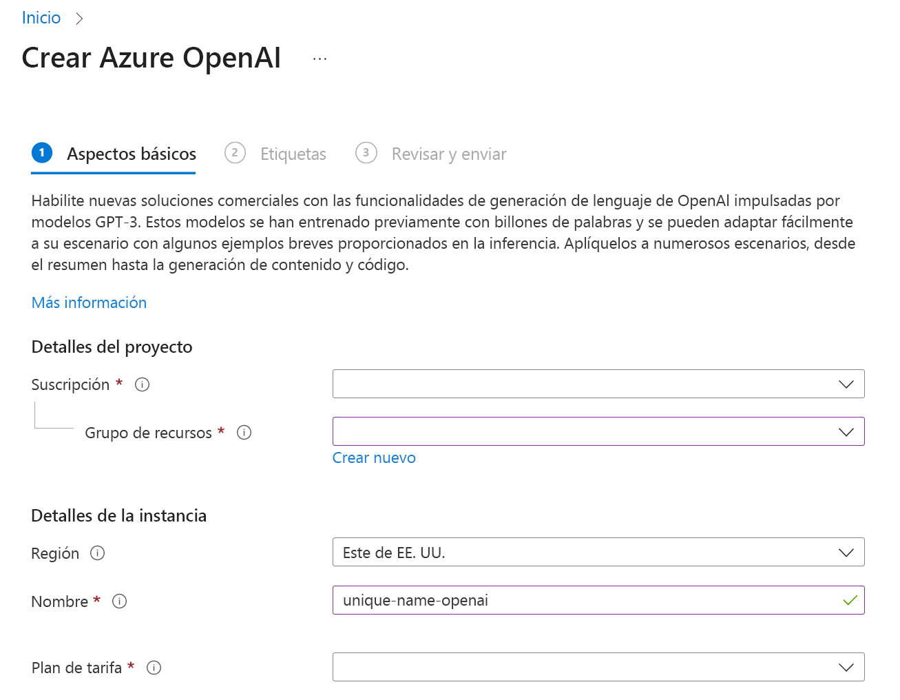 Captura de pantalla de la página de Azure Portal para crear un recurso de Azure OpenAI Service.