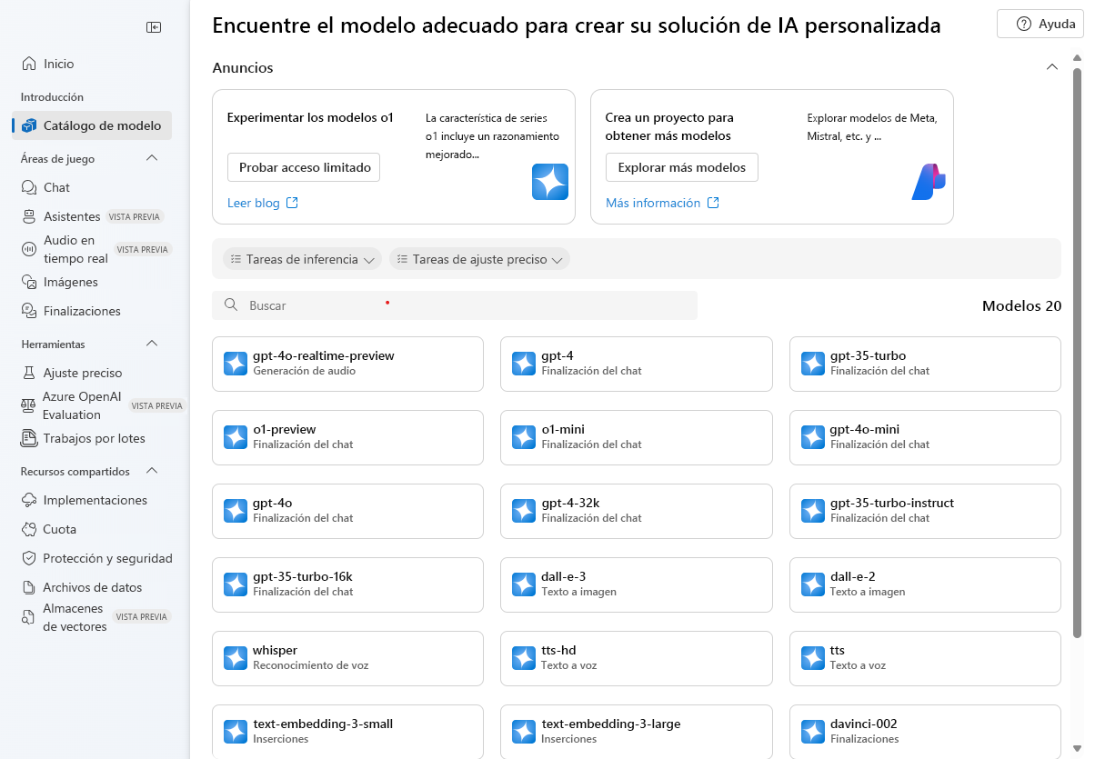 Recorte de pantalla de los modelos de IA generativa listos para usar del Portal de la Fundición de IA de Azure.