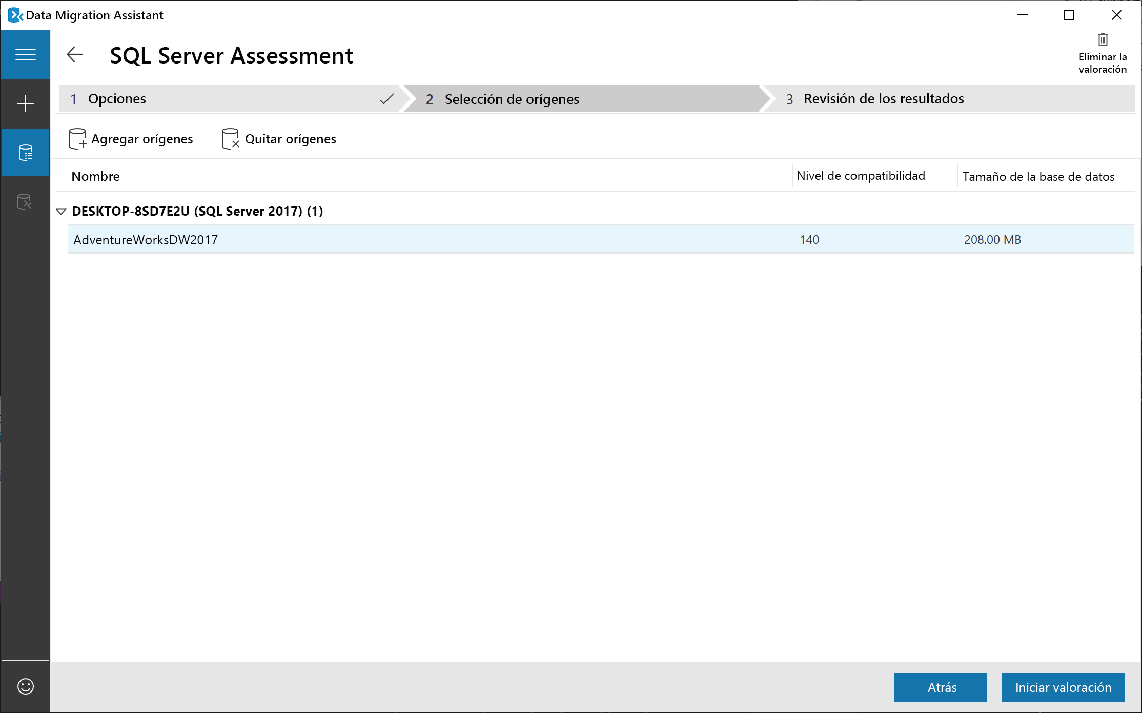 eligiendo las opciones de evaluación en Data Migration Assistant.