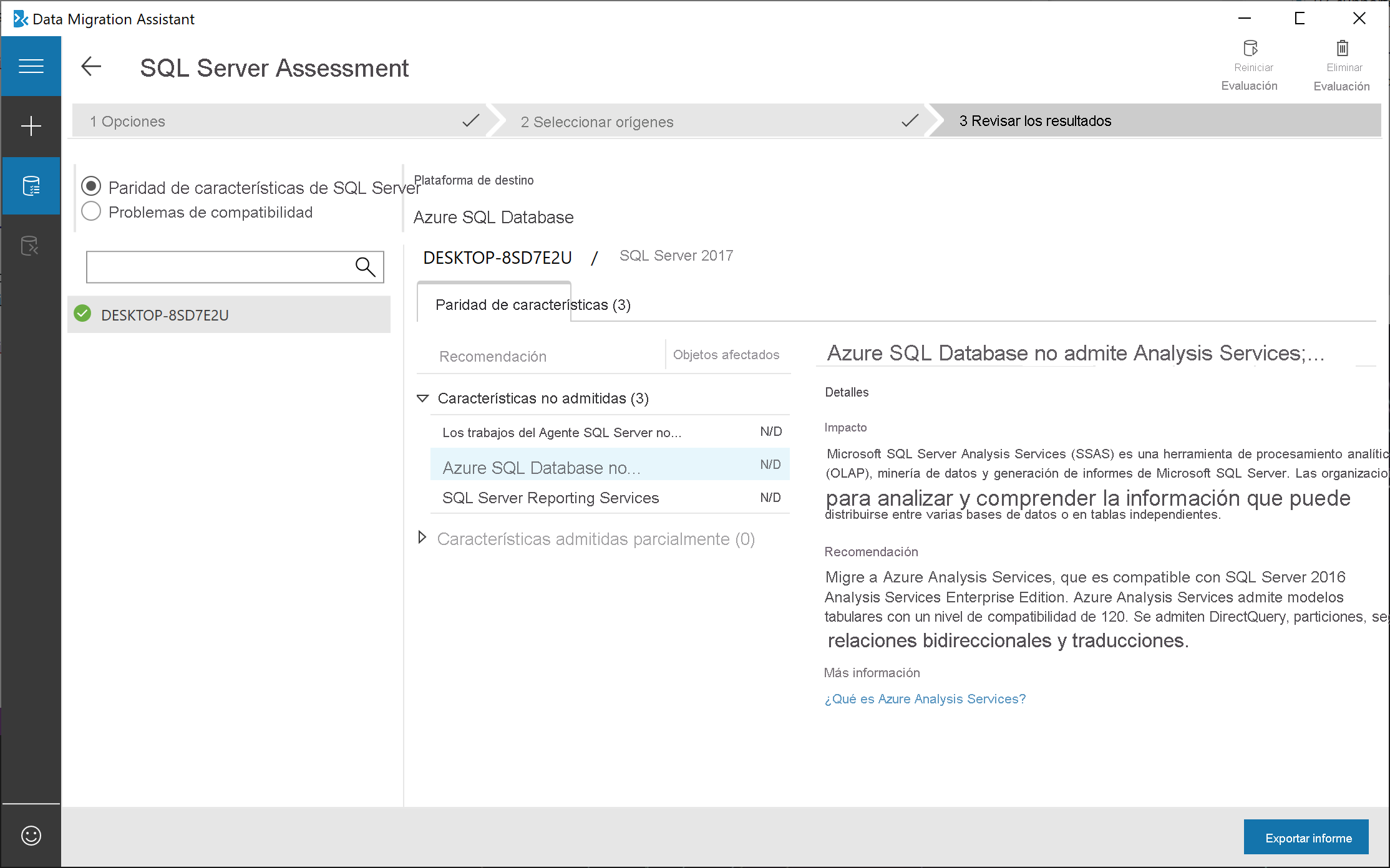 Establecimiento de la base de datos de origen en Data Migration Assistant