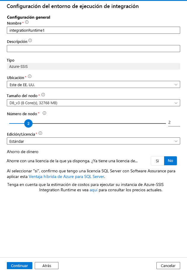 Página Configuración general de Integration Runtime