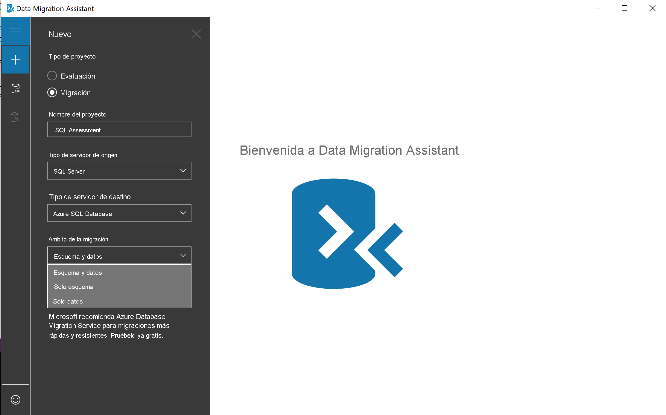 Opciones de migración en Data Migration Assistant