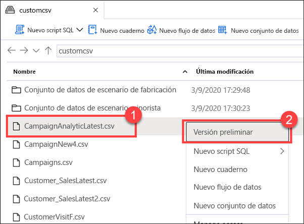 Visualización previa de los datos en el centro de datos de Azure Synapse Studio