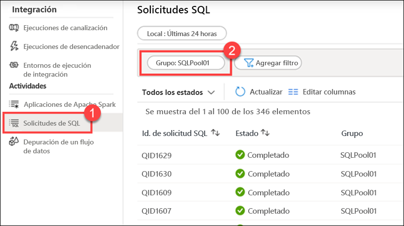 Solicitudes de SQL en el centro de supervisión de Azure Synapse Studio