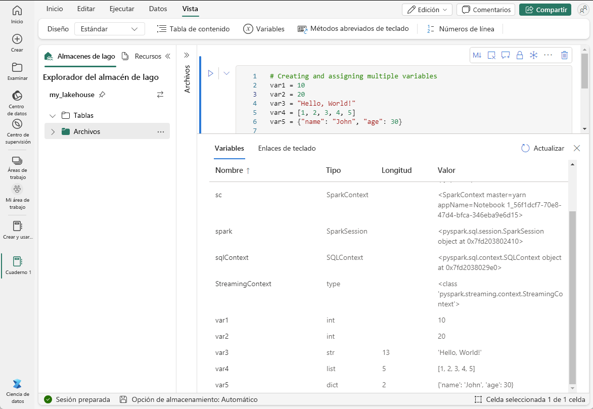 Screenshot of the variable explorer in a Microsoft Fabric notebook.