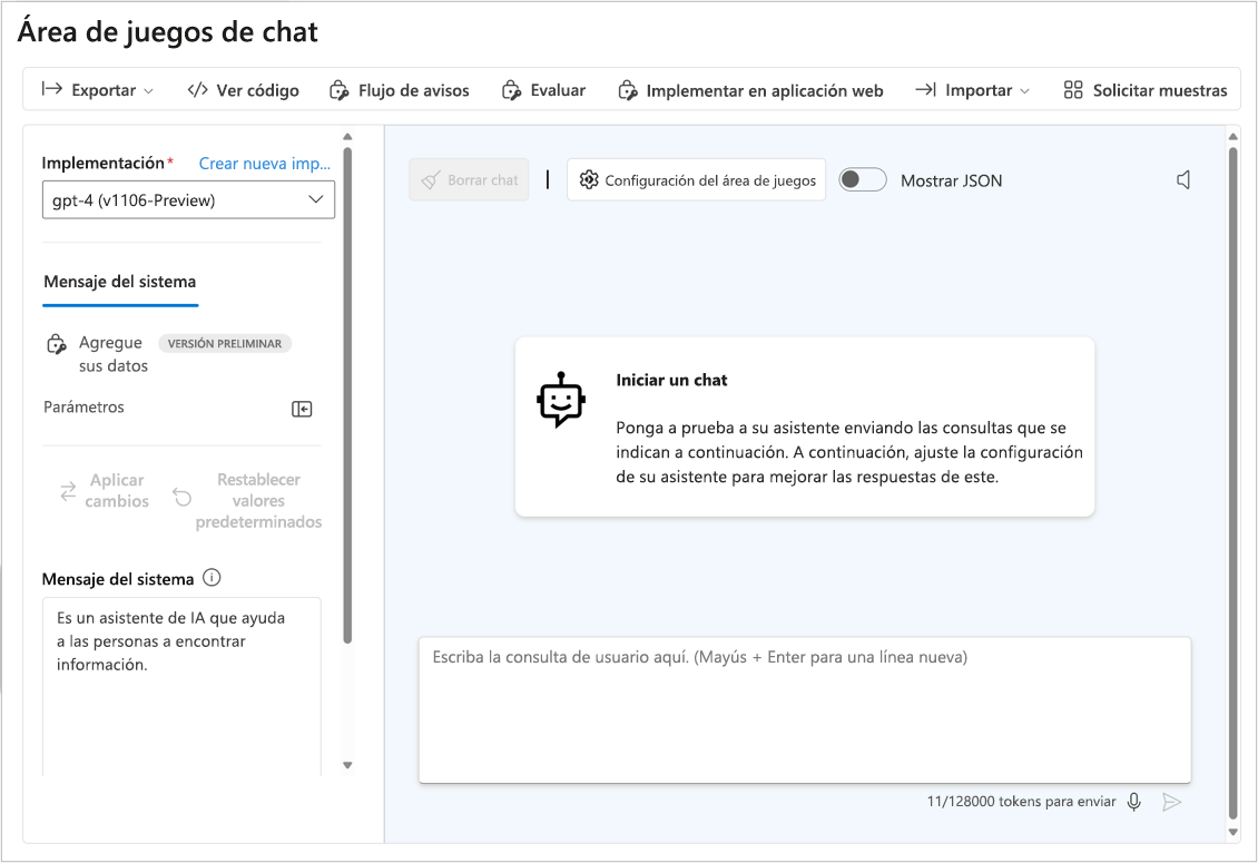 Recorte de pantalla que muestra el área de juegos de chat en Azure AI Foundry.