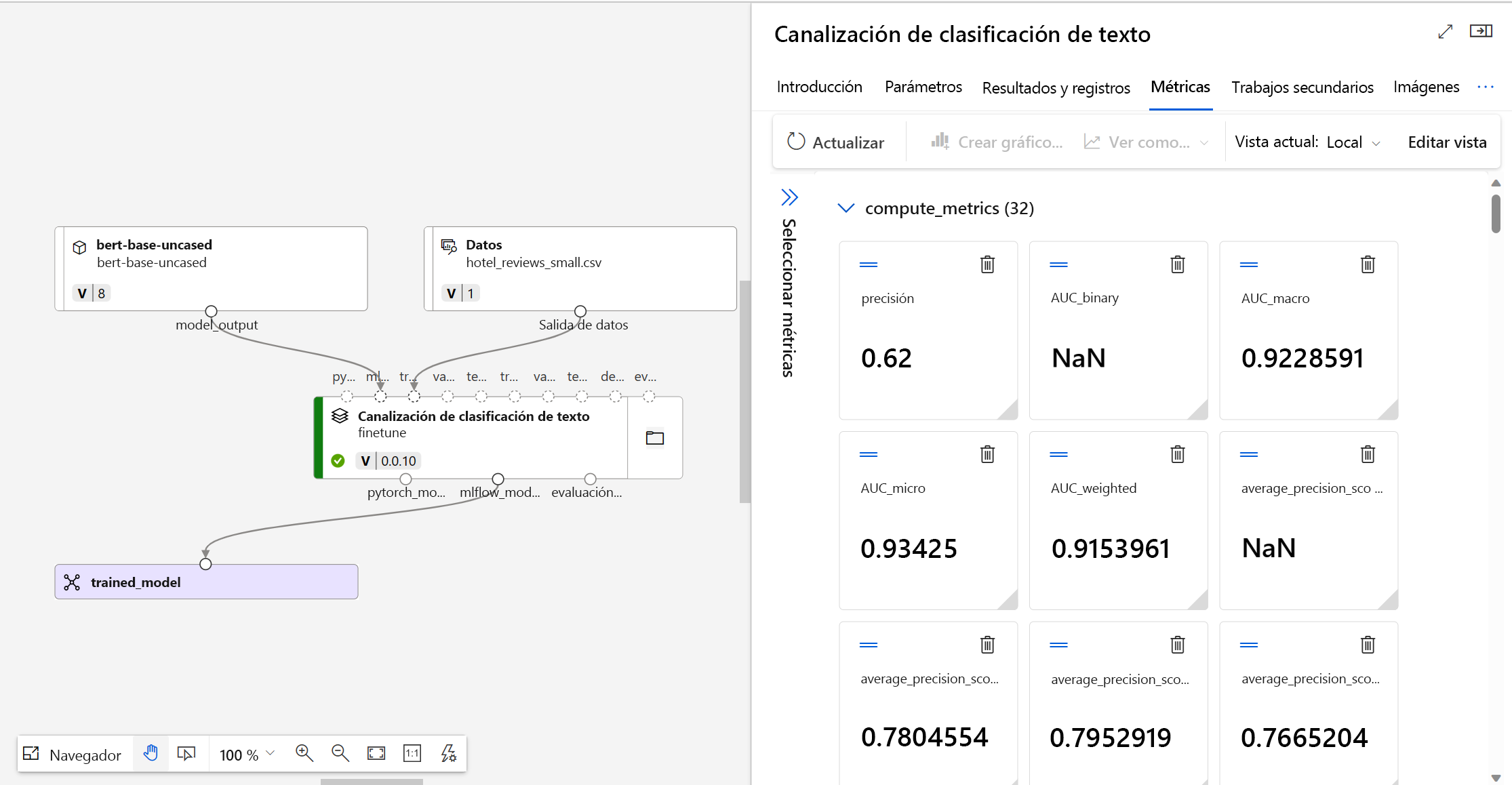 Screenshot of metrics of the completed pipeline job that fine-tuned a foundation model.