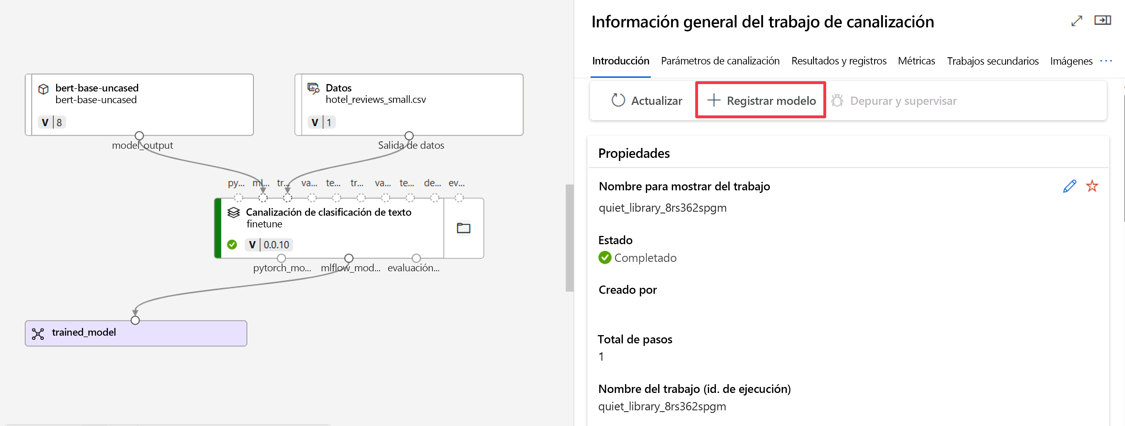 Screenshot of pipeline job overview with register model feature.