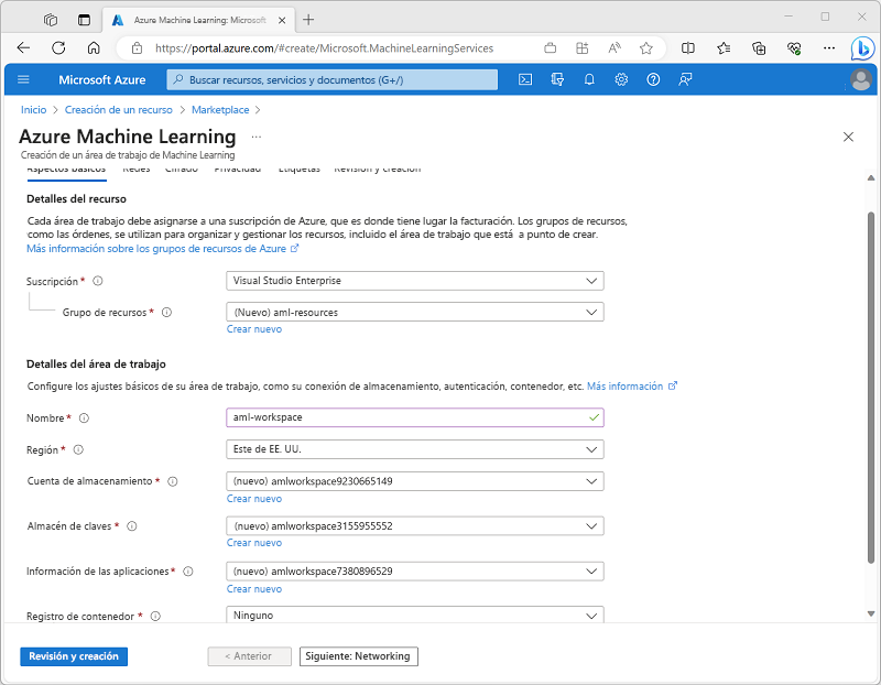 Captura de pantalla de la página Crear área de trabajo de Azure Machine Learning en Azure Portal.