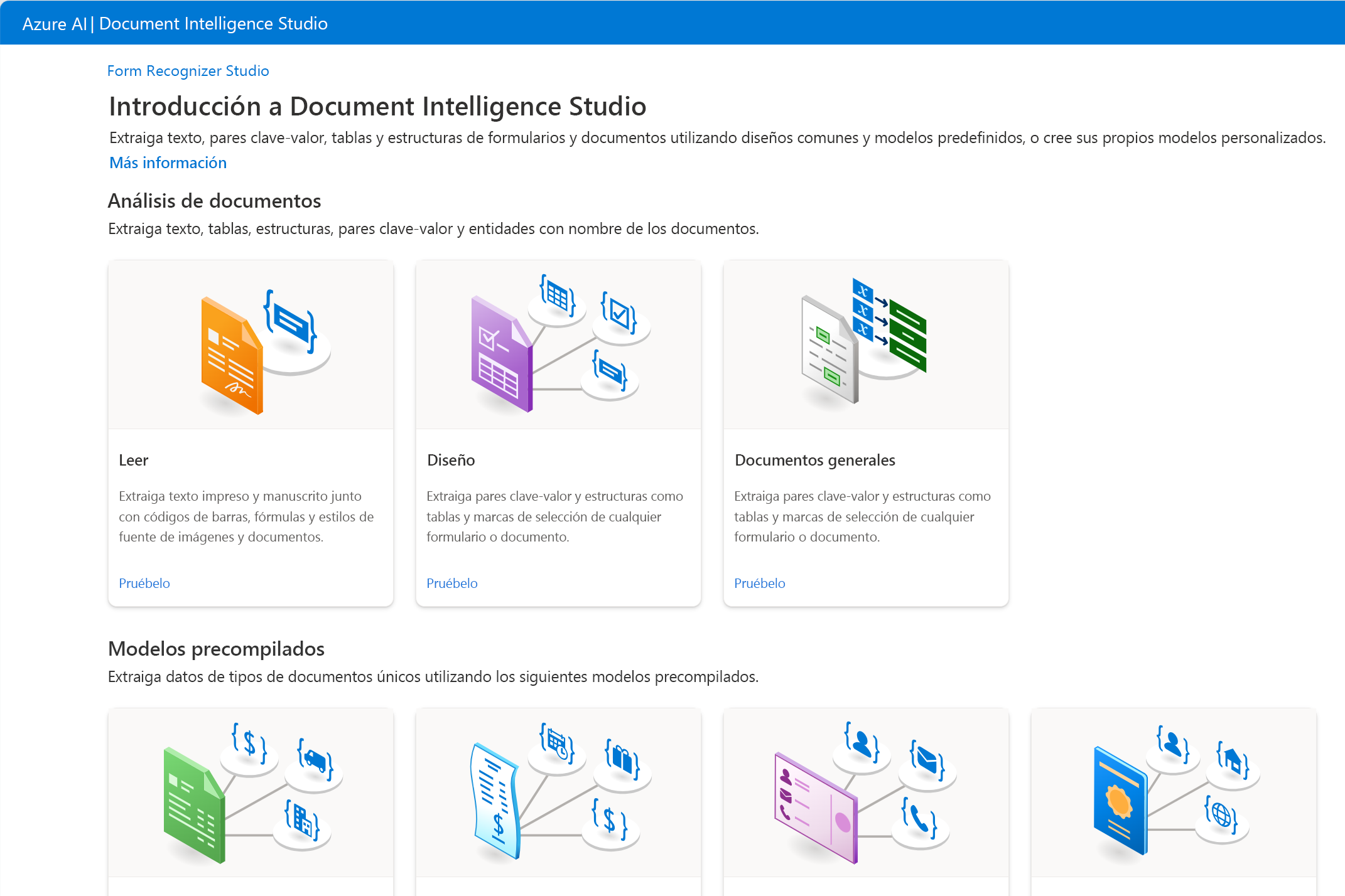 Recorte de pantalla de Document Intelligence Studio con inicio rápido en la pantalla.