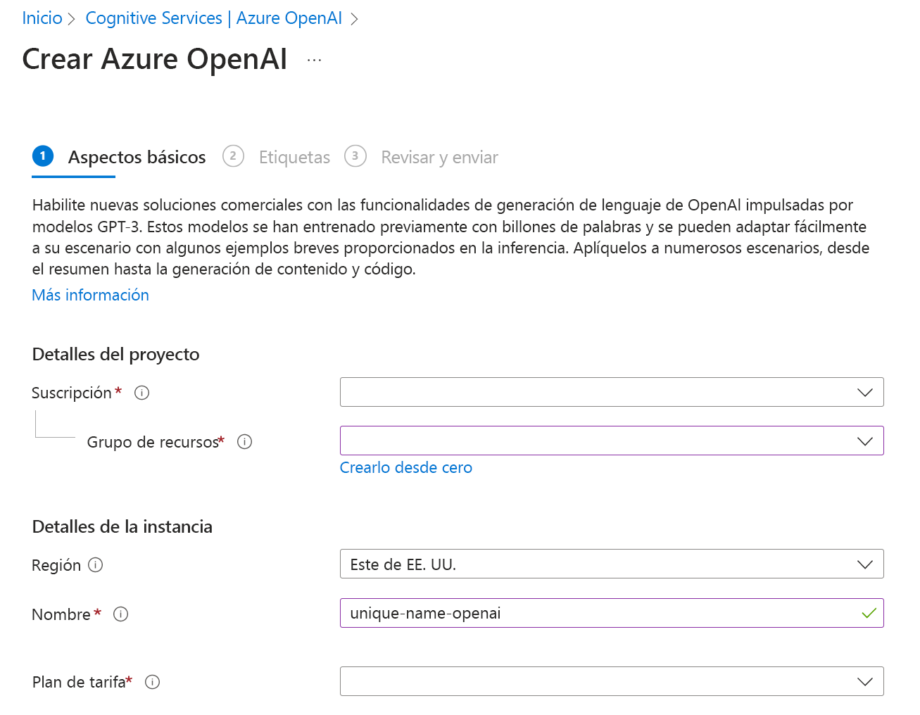 Captura de pantalla de la página de Azure Portal para crear un recurso de Azure OpenAI Service.