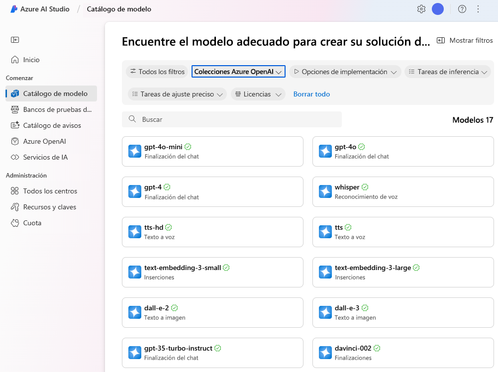 Captura de pantalla de los modelos de IA generativa del portal de Inteligencia artificial de Azure Studio.