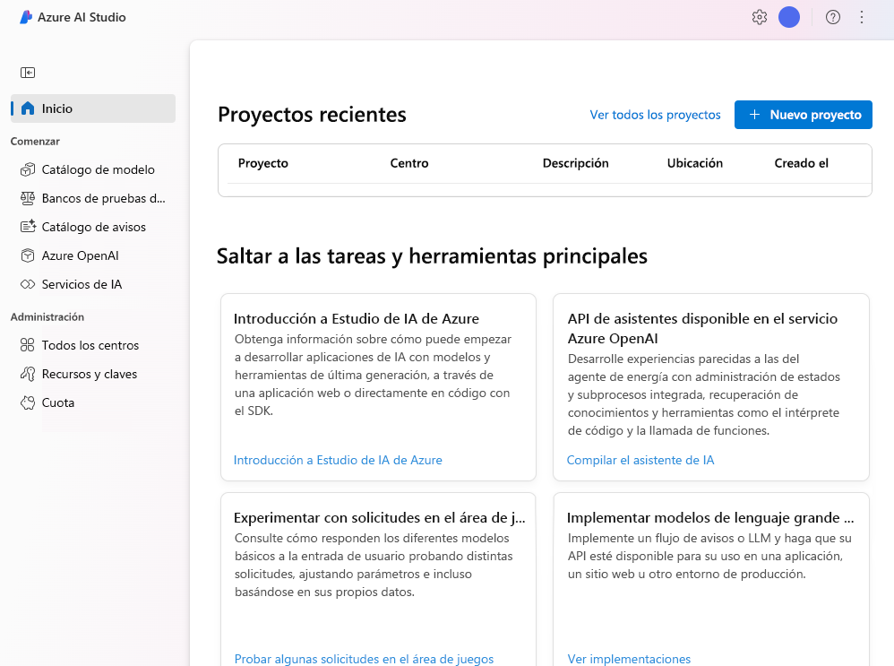 Recorte de pantalla del portal de Inteligencia artificial de Azure Studio, que se puede usar para acceder a varias características.