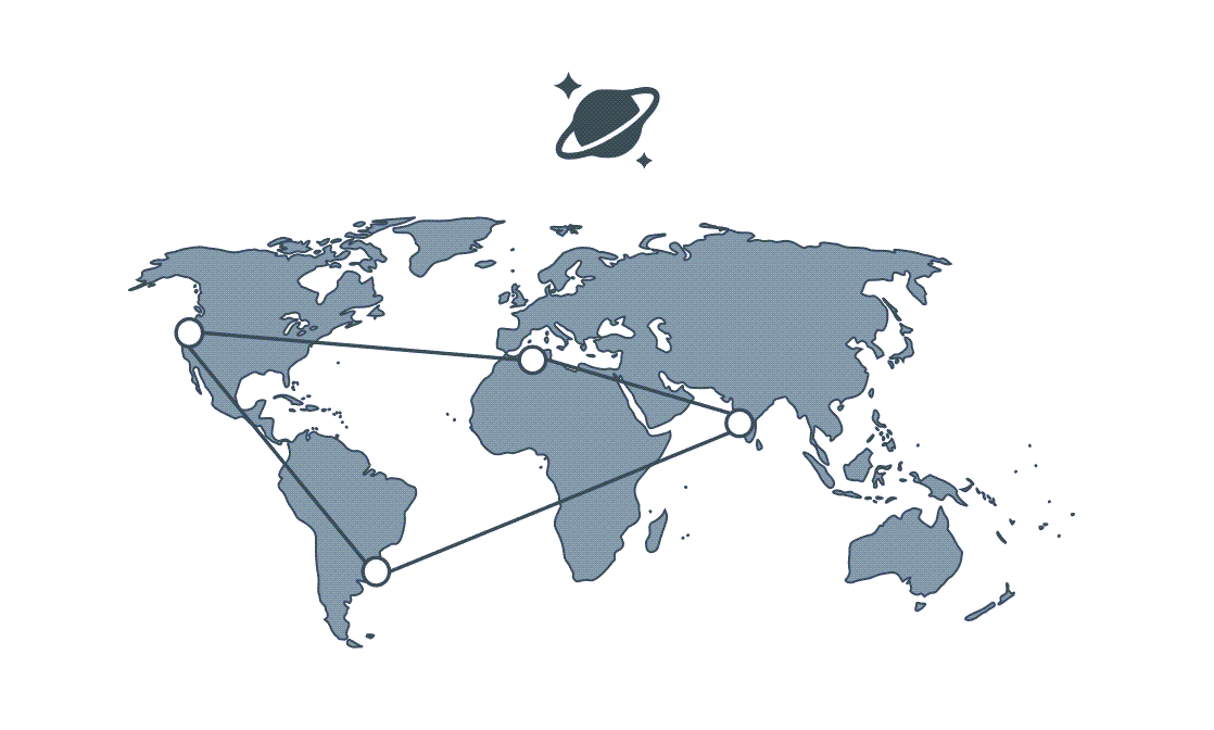 Ilustración de un mapa del mundo con cuatro nodos distribuidos globalmente conectados mediante líneas.