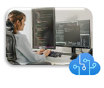 Fotografía que muestra a una persona en un equipo y el logotipo de Servicios de Azure AI.