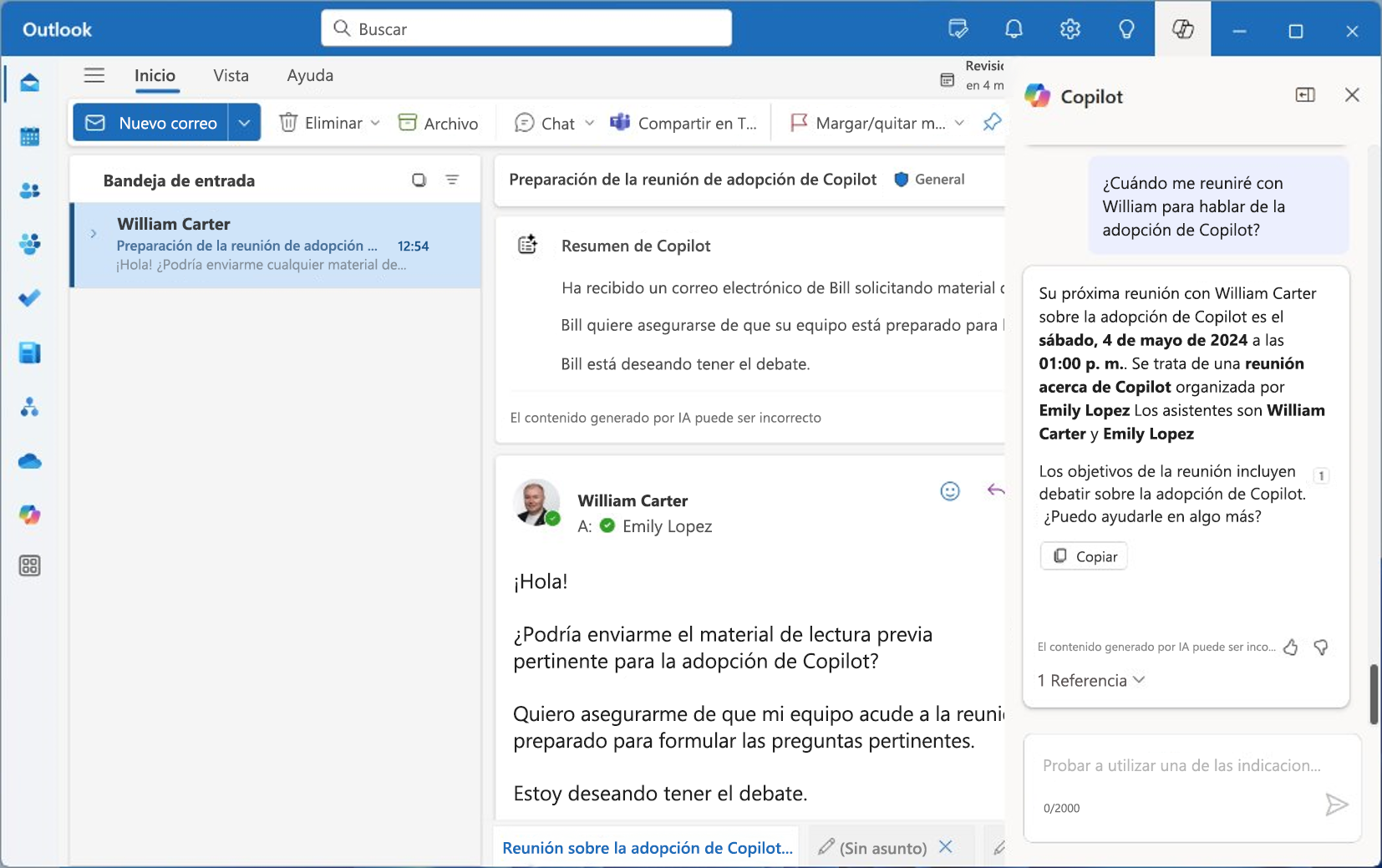 Captura de pantalla de Microsoft 365 Copilot en Outlook.