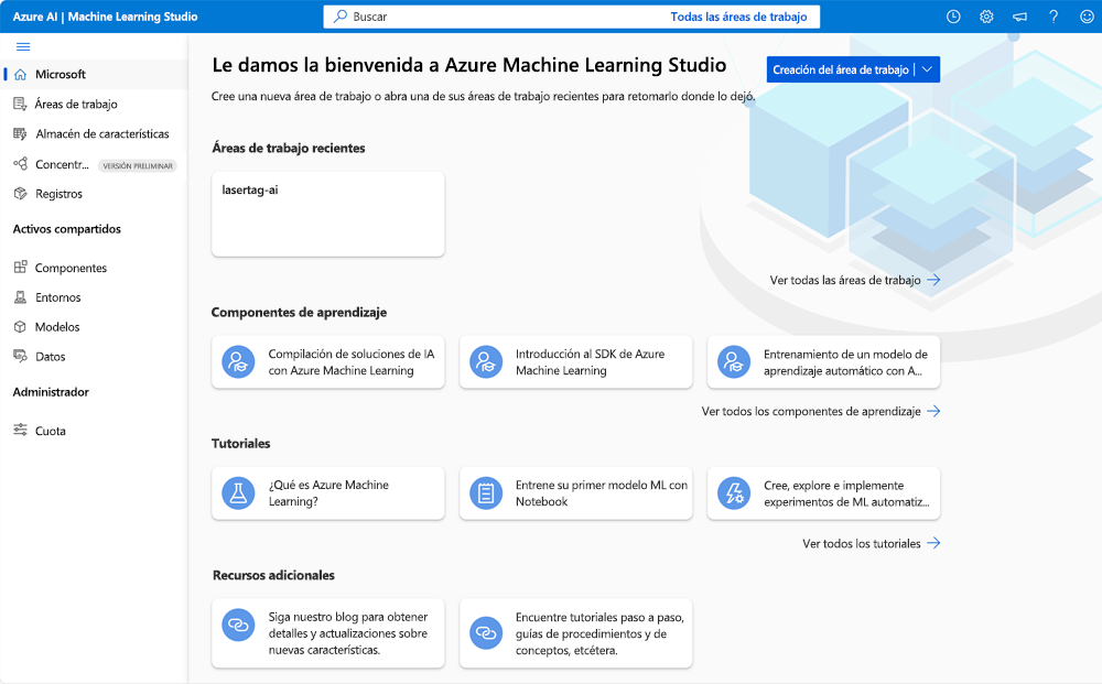 Captura de pantalla de la página de aterrizaje de Azure Machine Learning Studio.