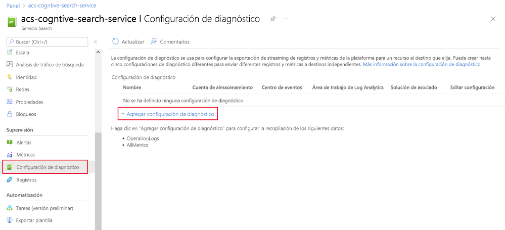 Screenshot showing how to add diagnostics to an Azure AI Search service.