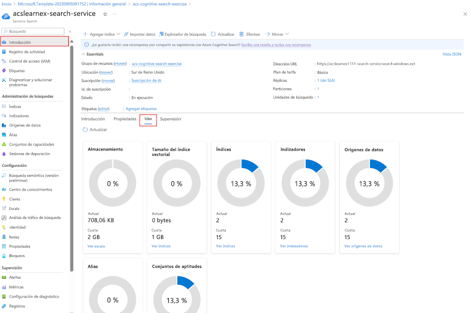 A screenshot of the usage tab on the overview page of Azure AI Search service.