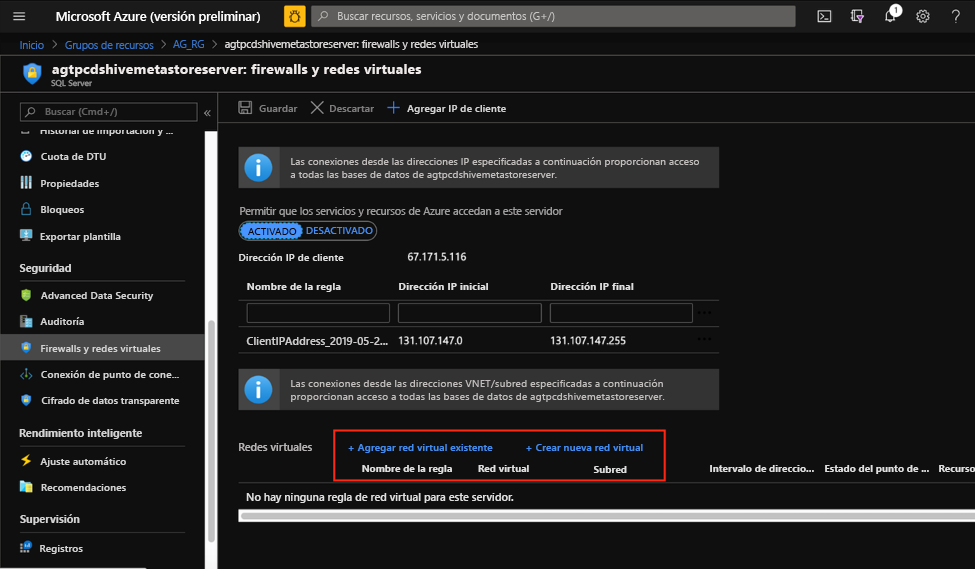 Configuraciones de redes virtuales de SQL Database