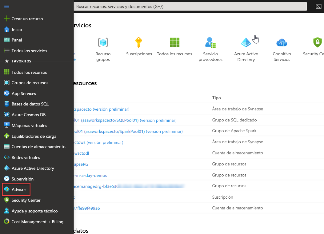 Acceso a Advisor en Azure Portal.