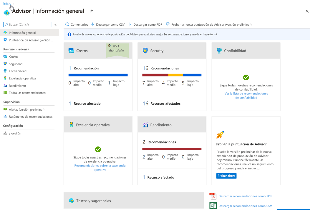 Panel de Advisor en Azure Portal.