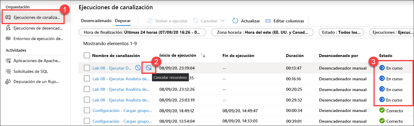 Se muestra la opción Cancelar recursivos.