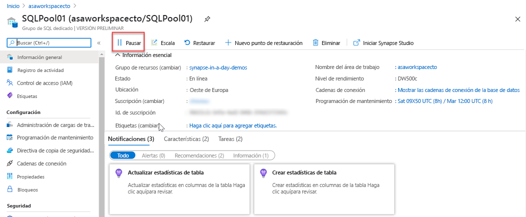 Pausa del proceso en Azure Portal