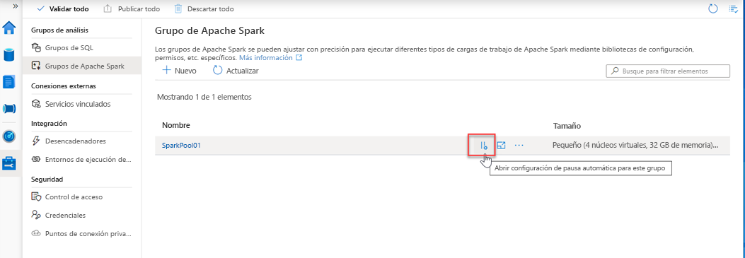 Pausa automática del proceso de Spark en Azure Synapse Studio