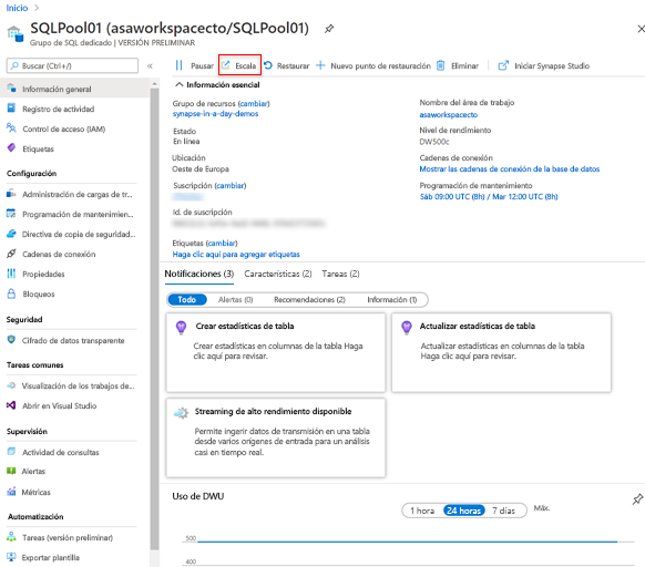 Escalado del proceso en Azure Portal.