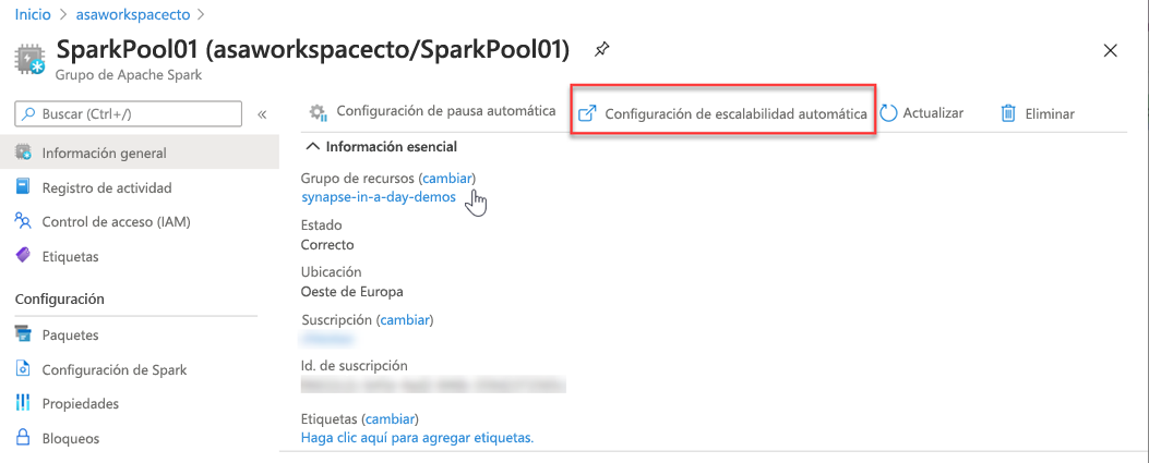 Escalabilidad automática de Spark en Azure Portal.