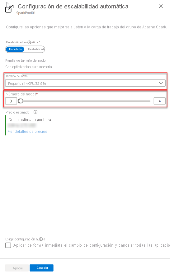 Configuración de los nodos de Spark en Azure Portal.