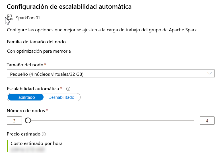 Configuración de los nodos de Spark en Azure Synapse Studio.