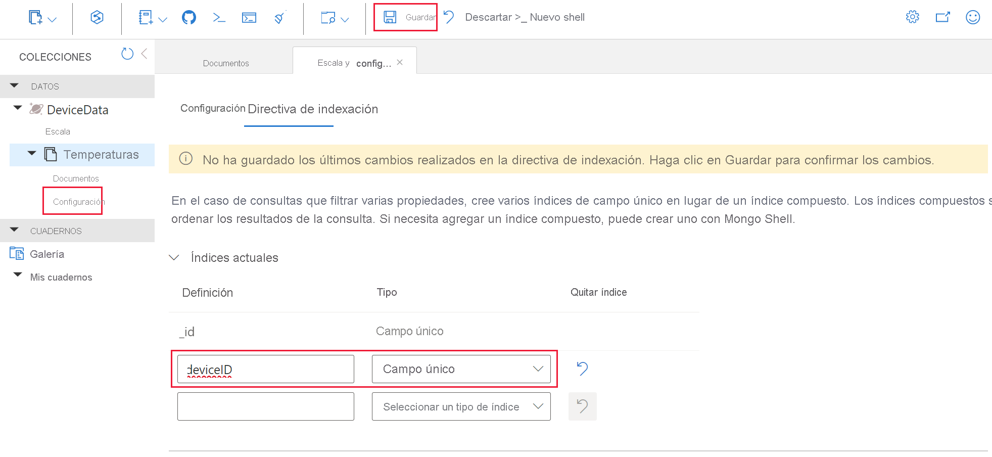 Screenshot showing adding a Cosmos DB indexing policy.