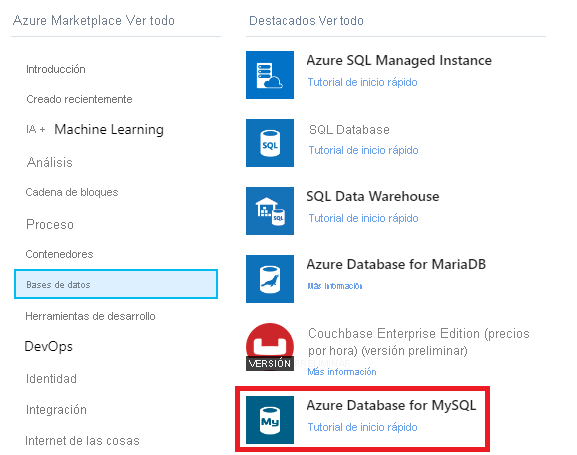 Imagen que muestra el elemento Azure Database for MySQL en Azure Marketplace