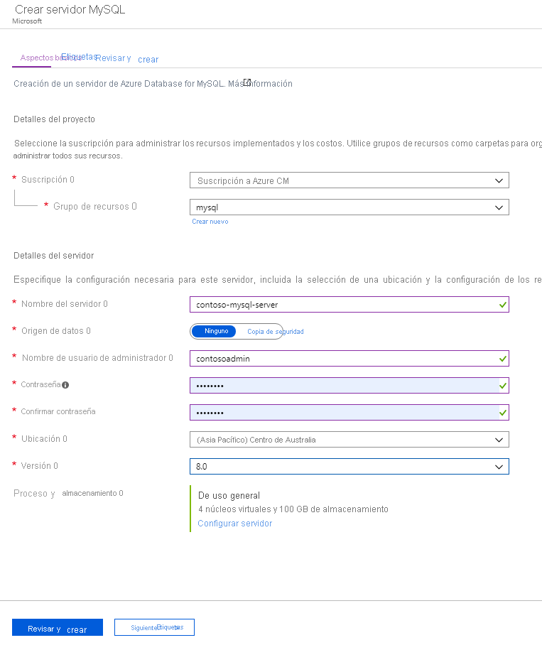 Captura de pantalla en la que se muestra una configuración de ejemplo para Azure Database for MySQL en Azure Portal.