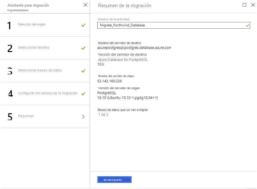 Imagen que muestra la página de resumen de la migración.