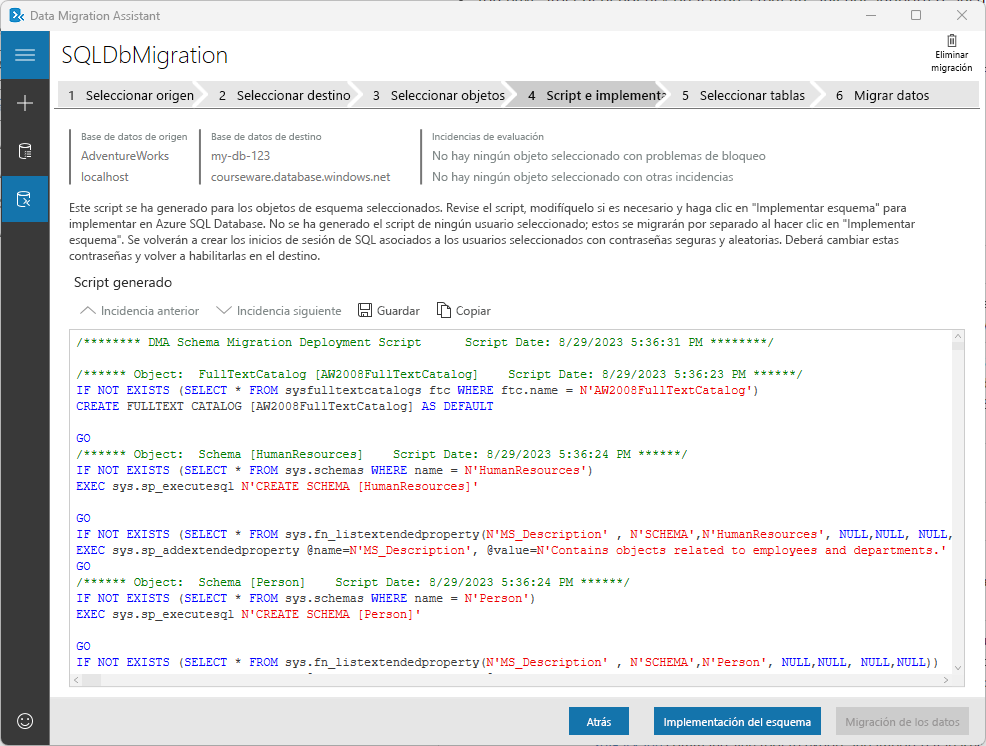 Captura de pantalla que muestra el script generado en Data Migration Assistant.