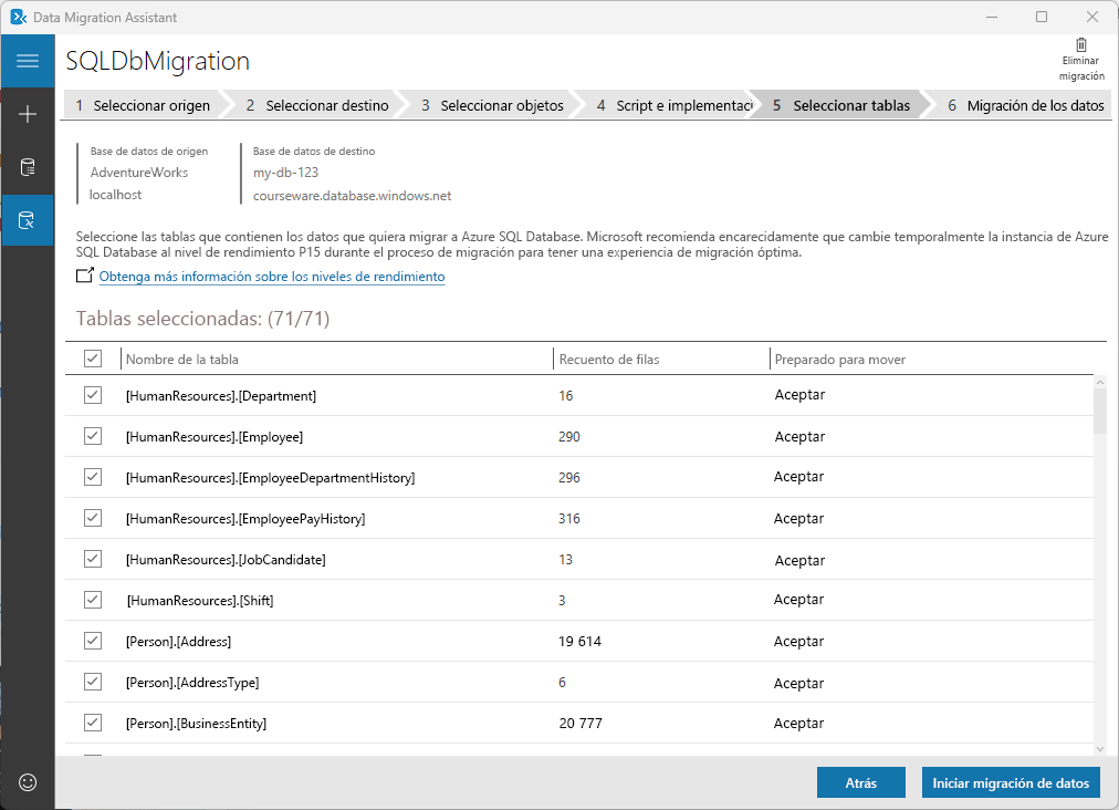 Captura de pantalla que muestra la pestaña seleccionar tablas en Data Migration Assistant.