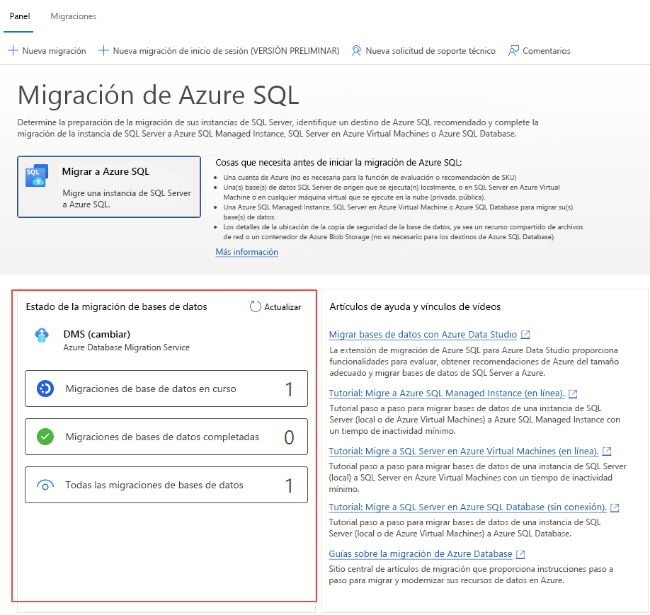 Captura de pantalla del panel de migración en la extensión de migración de Azure para Azure Data Studio.