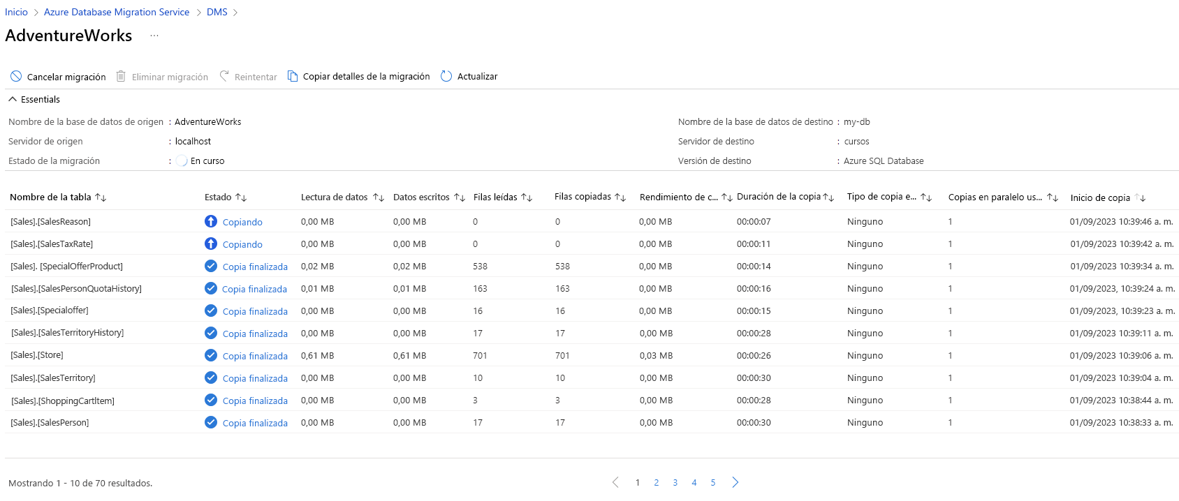 Captura de pantalla de la página de supervisión en Azure Database Migration Services en Azure Portal.