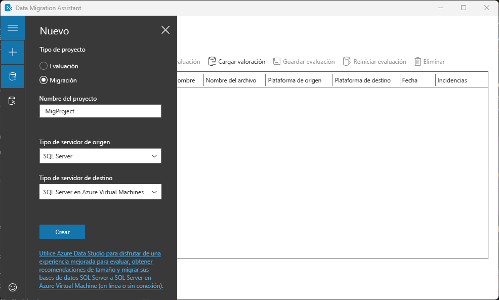 Captura de pantalla que muestra la herramienta Data Migration Assistant y las nuevas opciones de migración de proyectos.