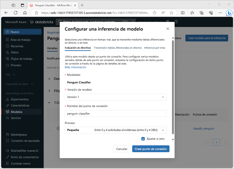 Screenshot of the Set up model inference dialog box in the Azure Databricks portal.