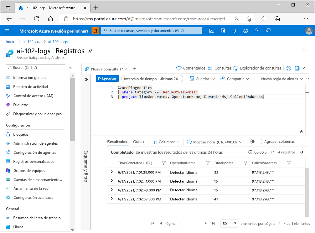 Una captura de pantalla de una consulta de Azure Log Analytics que devuelve los datos de diagnóstico registrados para un recurso de Servicios de Azure AI.