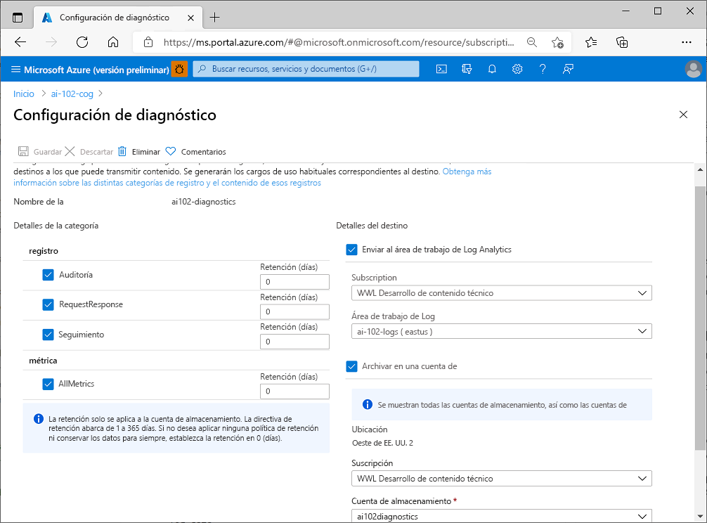 A screenshot of diagnostic settings for an Azure AI services resource.